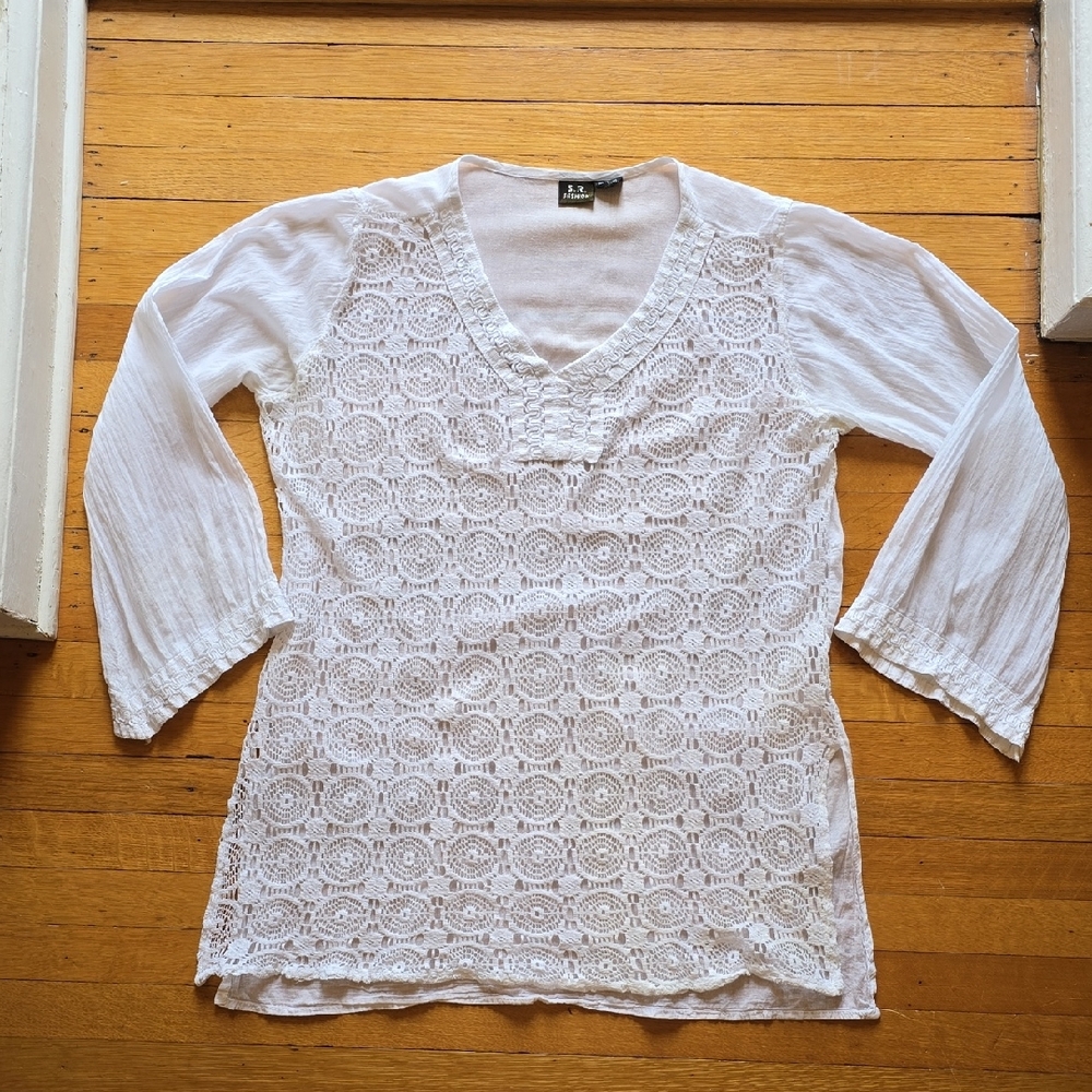 S. R. Fashion Crocheted Lace Tunic, Boho Chic, White, 100% Cotton, Womens' L